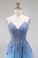 Blue Strapless Appliqued Corset A Line Tulle Prom Dress