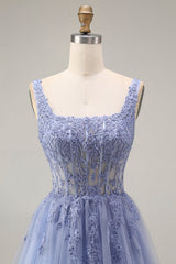 Blue Corset Appliqued A Line Tulle Maxi Prom Dress