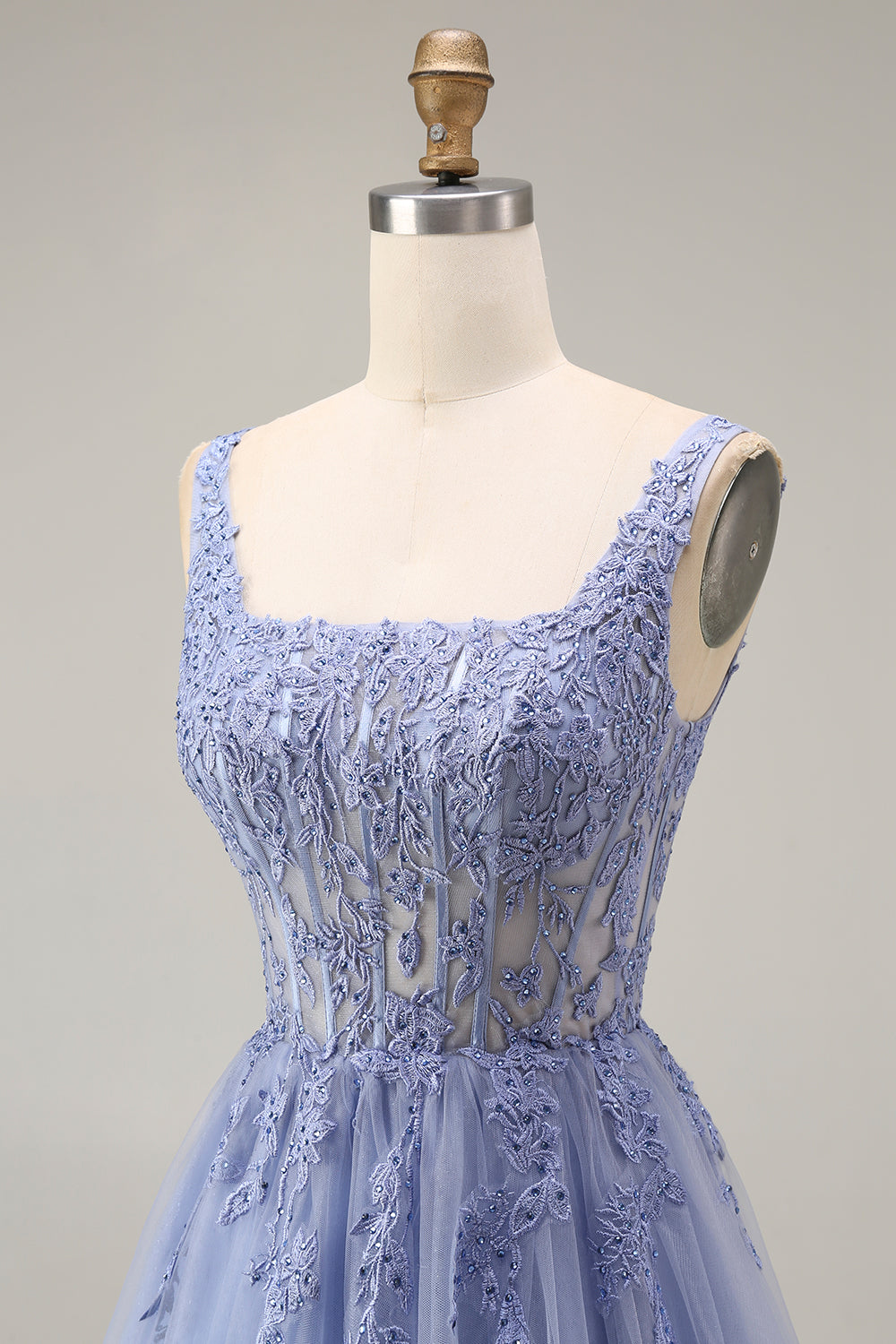 Blue Corset Appliqued A Line Tulle Maxi Prom Dress