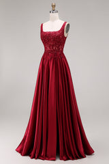 Burgundy Corset Sequin A Line Satin Prom Dress