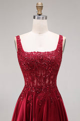 Burgundy Corset Sequin A Line Satin Prom Dress