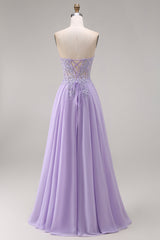 Strapless Lilac Corset Appliqued A Line Prom Dress