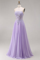 Strapless Lilac Corset Appliqued A Line Prom Dress