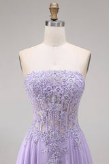 Strapless Lilac Corset Appliqued A Line Prom Dress
