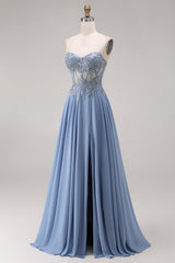 Blue Corset Appliqued Satin A Line Prom Dress with Slit