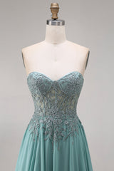 Strapless Eucalyptus Corset Appliqued Beaded A Line Prom Dress
