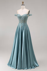 Off the Shoulder Corset Beaded A Line Agave Prom Dress