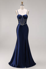 Navy Mermaid Satin Corset Ruched Prom Dress