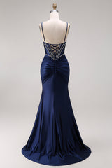 Navy Mermaid Satin Corset Ruched Prom Dress