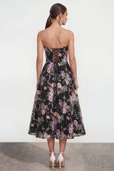 Strapless A Line Black Floral Wedding Guest Dress with Pockets