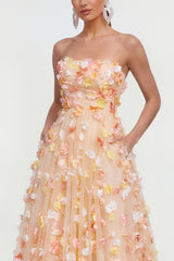 Champagne A Line Strapless Floral Wedding Guest Dress with Pockets