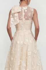 Floral Apricot A Line Bowed Midi Wedding Guest Dress