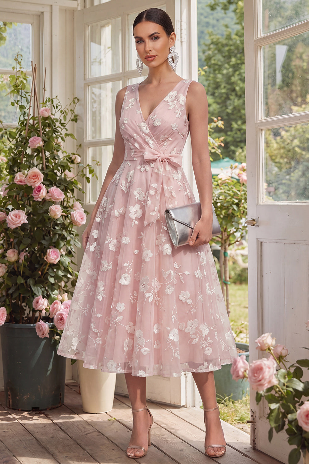 Blue Floral A Line Midi Wedding Guest Dress with Bow