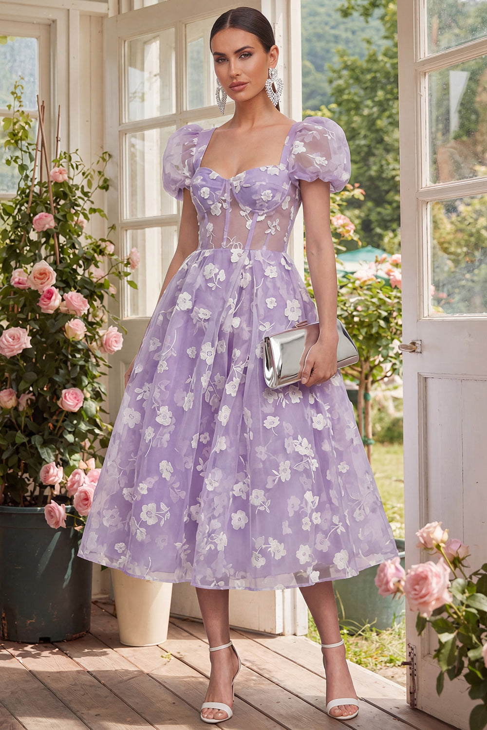 Floral Pink Puff Sleeve A Line Corset Wedding Guest Dress
