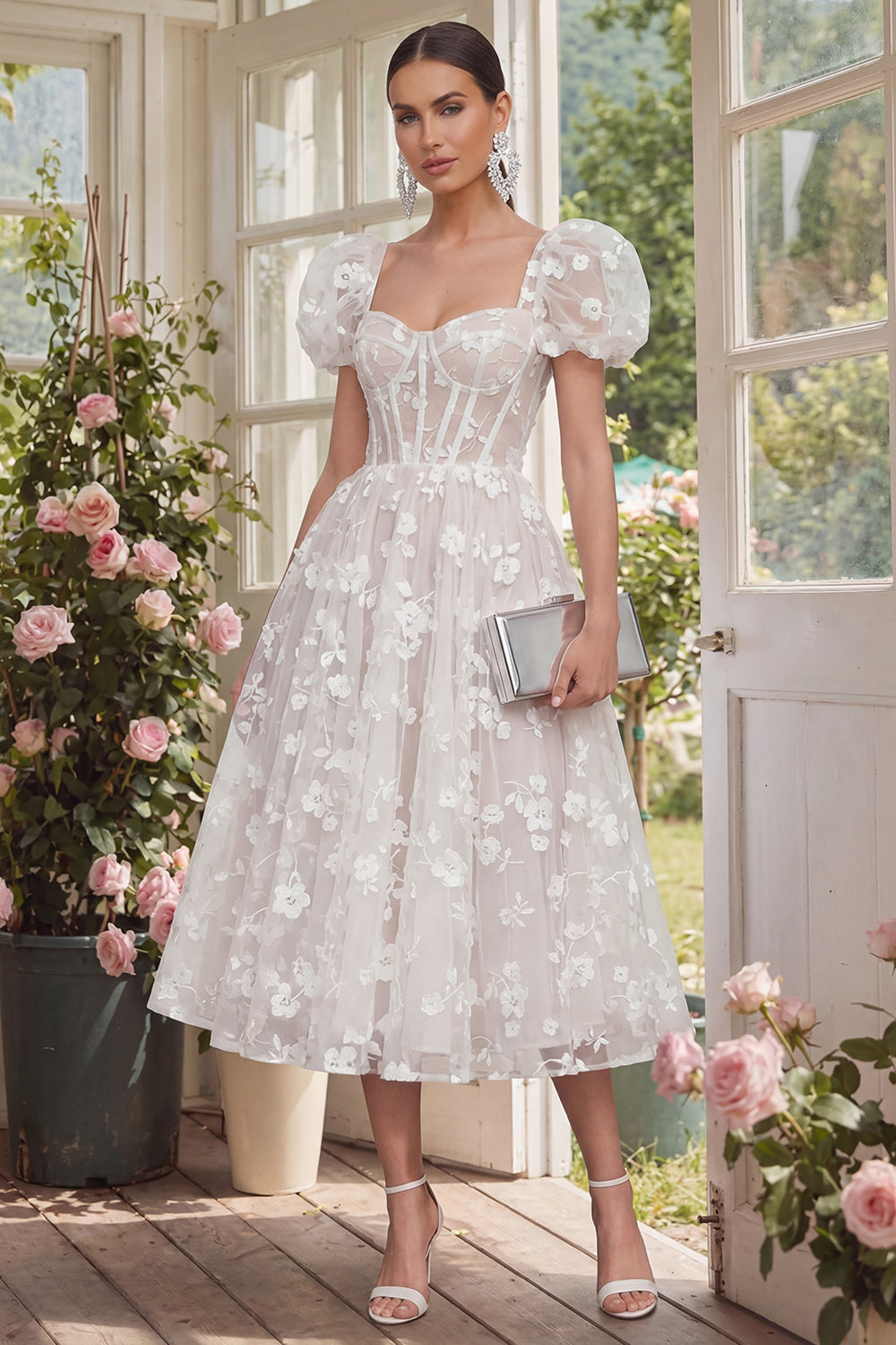 Floral Pink Puff Sleeve A Line Corset Wedding Guest Dress