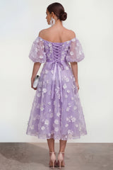Off the Shoulder Floral Lilac Ruched A Line Wedding Guest Dress