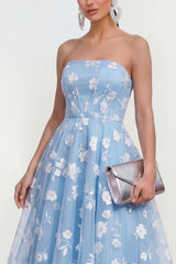 Strapless Floral Blue A Line Wedding Guest Dress