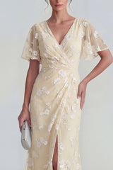 Floral Mermaid Ruched Short Sleeve Apricot Wedding Guest Dress