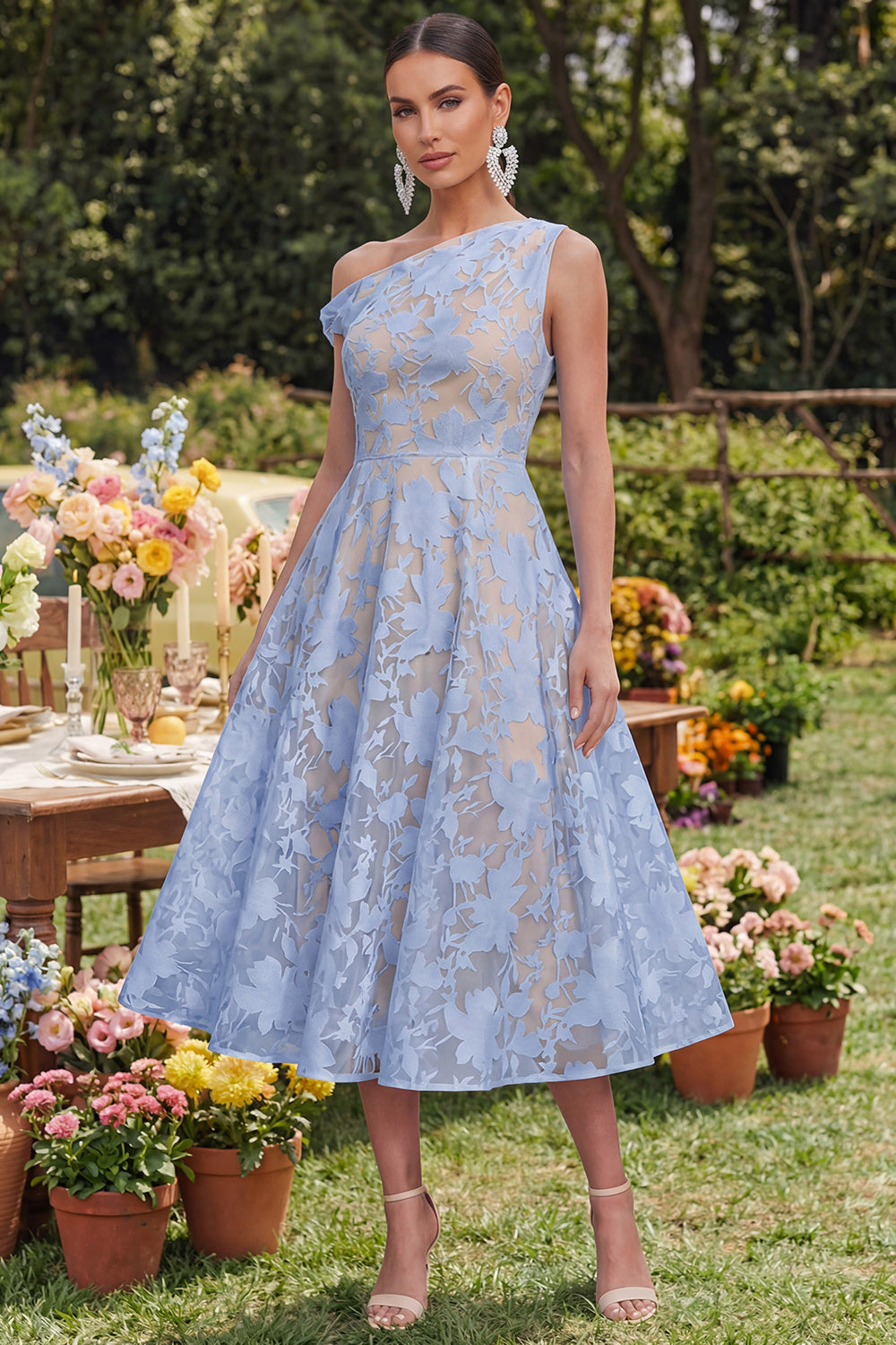 Floral Yellow Asymmetrical Neck A Line Wedding Guest Dress