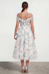 Off the Shoulder A Line White Floral Midi Wedding Guest Dress
