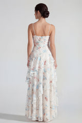 A Line Ruched White Floral Ruffled Maxi Wedding Guest Dress