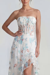 Strapless A Line White Floral Corset Wedding Guest Dress