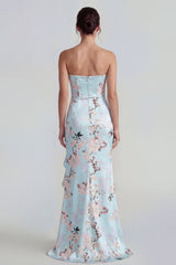 Strapless Floral Blue Mermaid Ruffled Wedding Guest Dress
