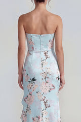 Strapless Floral Blue Mermaid Ruffled Wedding Guest Dress