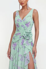 Ruched V Neck A Line Green Wedding Guest Dress with Slit
