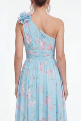 One Shoulder 3D Flower A Line Blue Floral Wedding Guest Dress