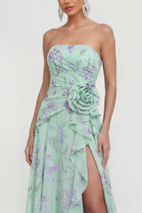 Strapless 3D Flower Ruched A Line Green Wedding Guest Dress