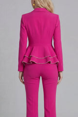 2 Piece Ruffled Fuchsia Slim Fit Women Suits