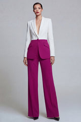 Peaked Lapel Black Pink 2 Piece Single Buckle Colorblock Women Suits