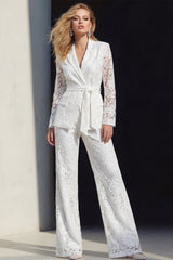 Notched Lapel White Burnout Women Suits with Belt