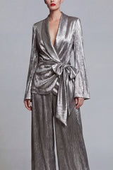 Metallic Shawl Lapel 2 Piece Grey Bowed Women Suits