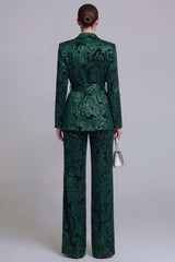 Jacquard Dark Green Notched Lapel 2 Piece Women Suits with Belt
