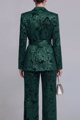 Jacquard Dark Green Notched Lapel 2 Piece Women Suits with Belt