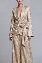 Jacquard Champagne Shawl Lapel 2 Piece Bowed Women Suits