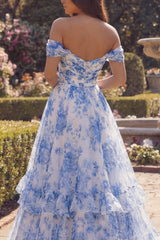 Off the Shoulder Blue Floral A Line Ruffled Prom Dress