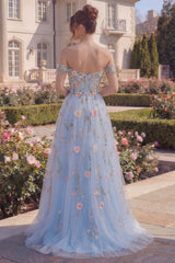 Off the Shoulder Floral Blue Corset High Low Prom Dress