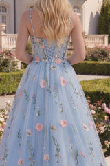 Floral Blue Corset A Line Appliqued Prom Dress
