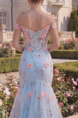 Mermaid Off the Shoulder Floral Corset Blue Prom Dress