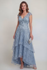 Sequin High Low Grey Blue Ruffled Mother of the Bride Dress