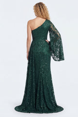Sparkly One Shoulder Appliqued Dark Green Mother of the Bride Dress