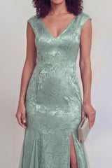 Jacquard Mermaid Sage Green V Neck Maxi Mother of the Bride Dress