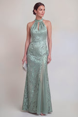 Halter Jacquard Mermaid Sage Green Cut Out Mother of the Bride Dress