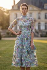 High Neck A Line Blue Floral Embroidered Mother of the Bride Dress