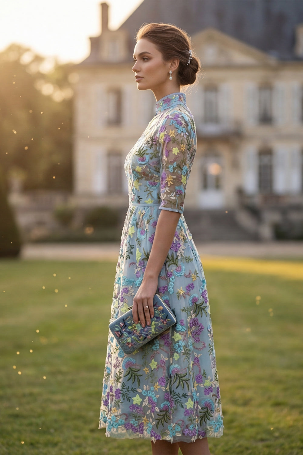 High Neck A Line Blue Floral Embroidered Mother of the Bride Dress