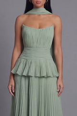 Strapless Ruffled A Line Pleated Dusty Sage Wedding Guest Dress