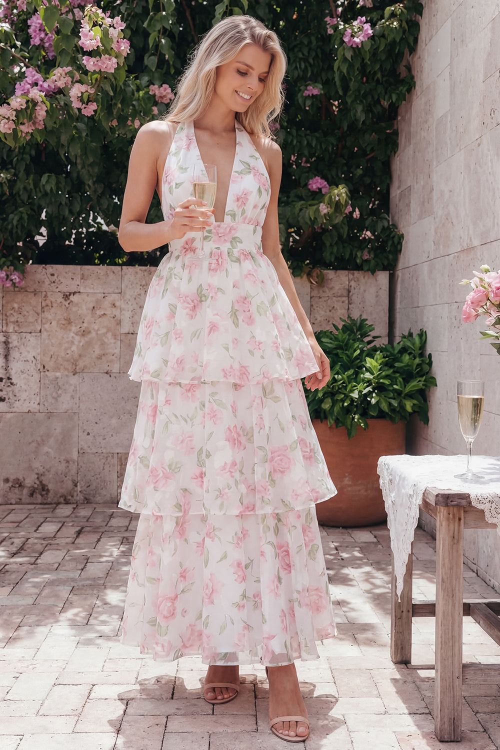 Tiered Halter Floral Blue Wedding Guest Dress with Bow